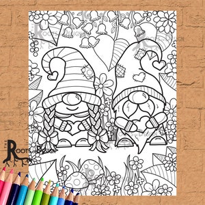 May include: A black and white coloring page featuring two gnomes holding hearts. The gnomes are surrounded by flowers and mushrooms.