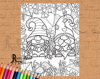 INSTANT DOWNLOAD Coloring Page - Gnome Couple in Love in Forest Bundle Print, doodle art, printable