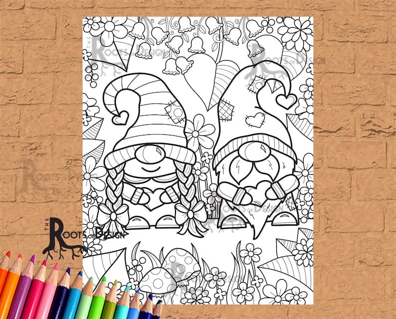 May include: A black and white coloring page featuring two gnomes holding hearts. The gnomes are surrounded by flowers and mushrooms.