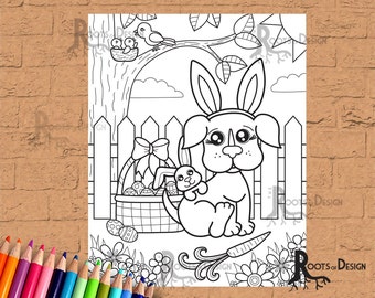 INSTANT DOWNLOAD Coloring Page - Easter Dog doodle art, printable