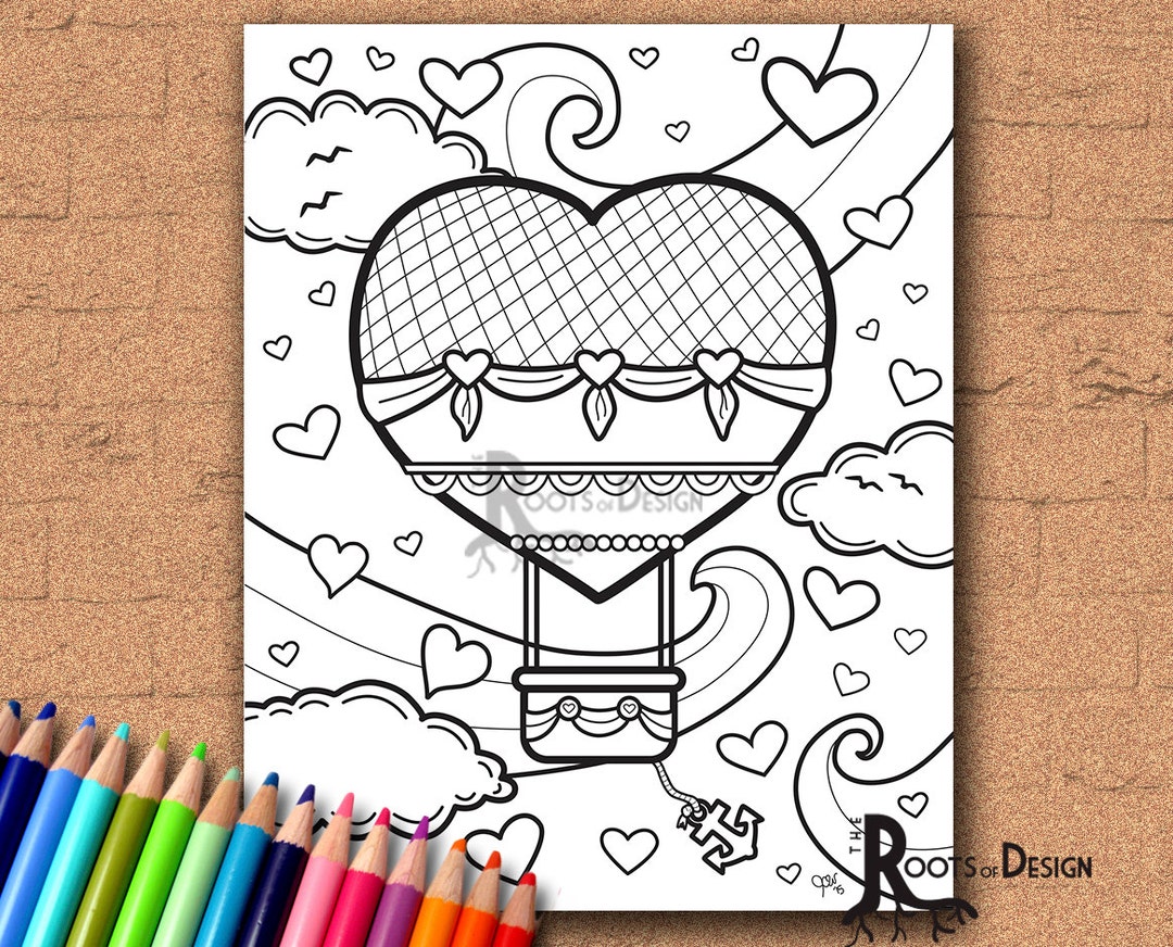 INSTANT DOWNLOAD Coloring Page - Hot Air Heart Balloon Coloring Print, Doodle Art, Printable - Etsy