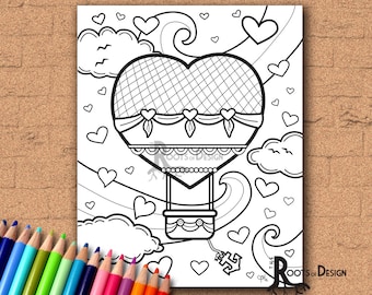 INSTANT DOWNLOAD Coloring Page - Hot Air Heart Balloon Coloring Print, doodle art, printable