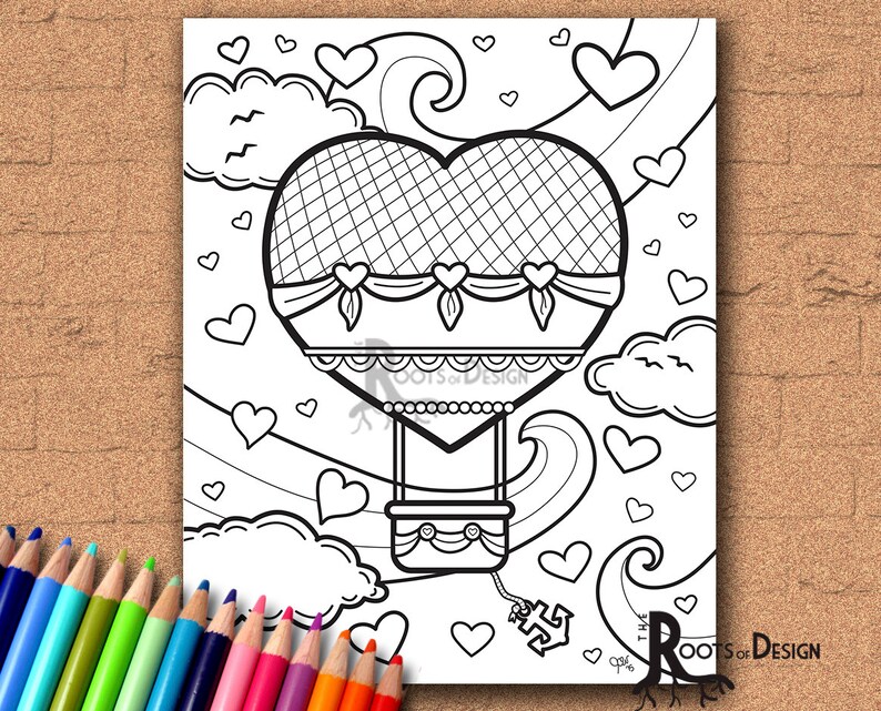 INSTANT DOWNLOAD Coloring Page Hot Air Heart Balloon Coloring Print, doodle art, printable zdjęcie 1