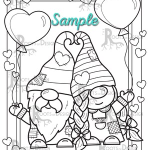May include: Black and white line art illustration of two gnomes holding heart-shaped balloons. The gnomes are wearing hats and have beards. The word "Sample" is written in blue text above the gnomes.