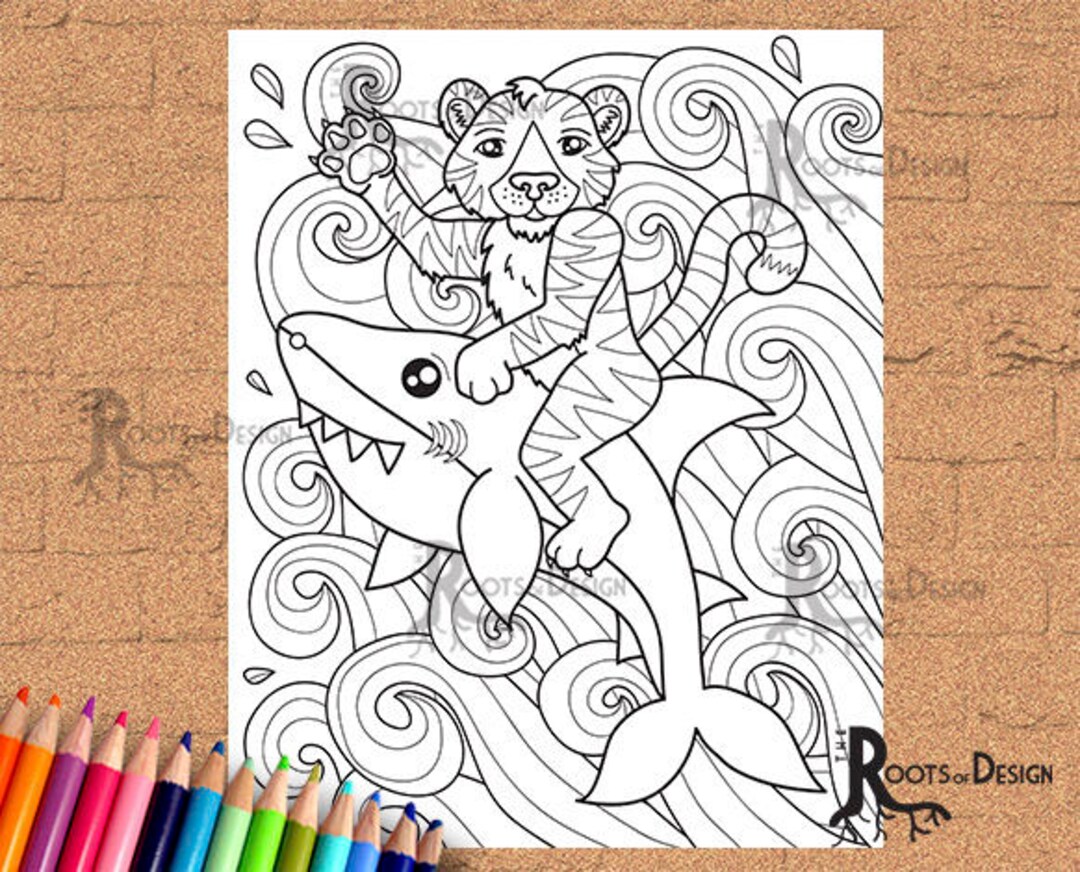 INSTANT DOWNLOAD Coloring Page Tiger Shark Print, Doodle Art, Printable