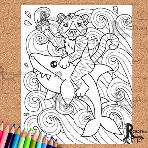 INSTANT DOWNLOAD Coloring Page - Tiger Shark Print, doodle art, printable