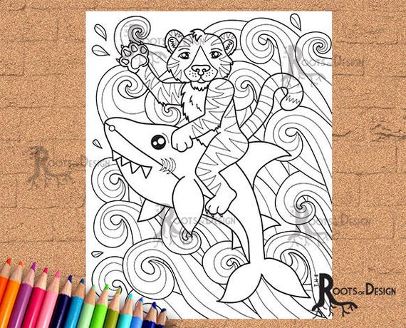 Instant Download Coloring Page Tiger Shark Print Doodle Etsy