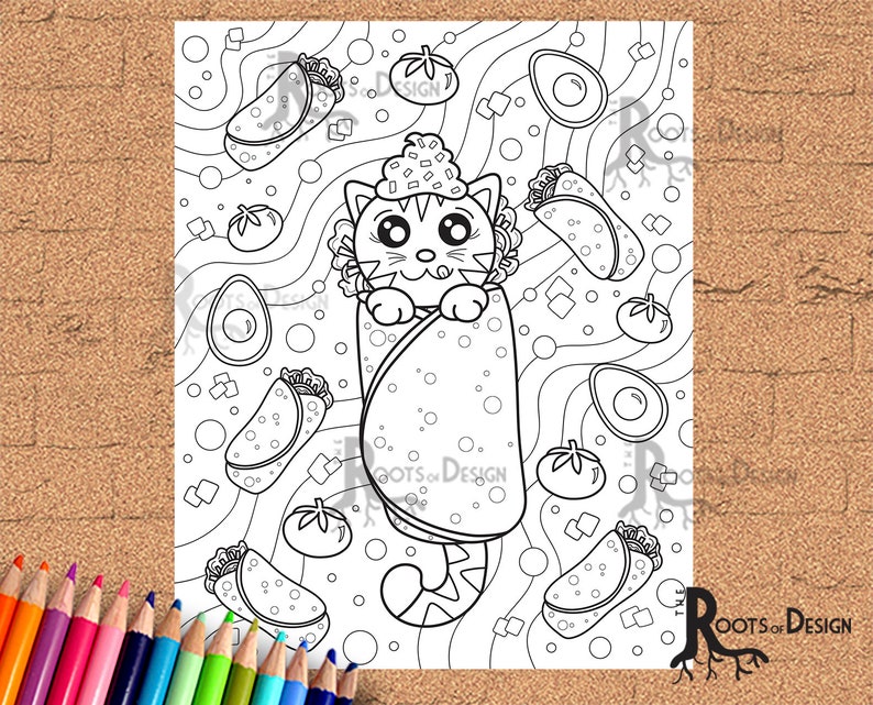 INSTANT DOWNLOAD Coloring Purrito Burrito Cat Art Coloring Page/ Print, doodle art, printable image 1