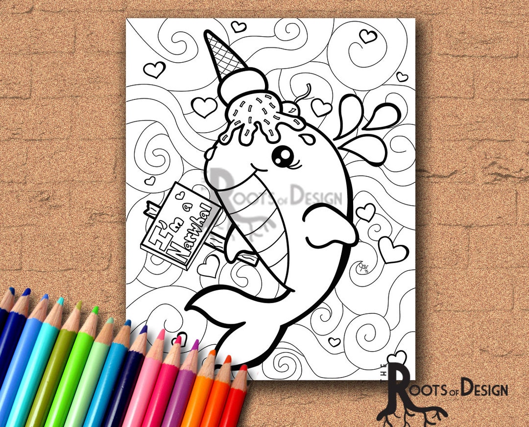INSTANT DOWNLOAD Coloring Page Ice Cream Whale Disguised as a Narwhal