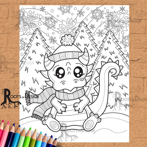 INSTANT DOWNLOAD Cute Winter Dragon Page Print, doodle art, printable