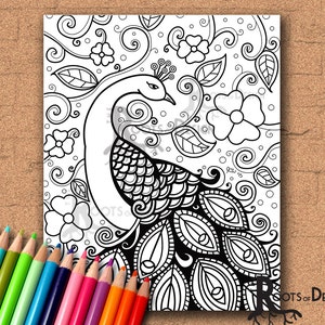 INSTANT DOWNLOAD Coloring Page - Peacock zentangle inspired, doodle art, printable