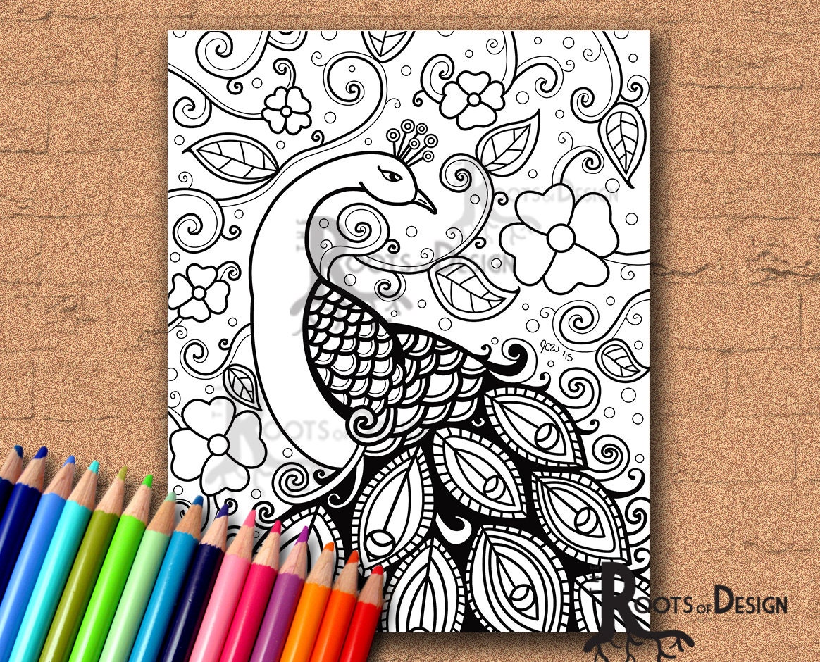 instant download coloring page peacock zentangle inspired etsy india