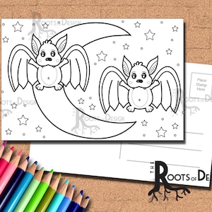INSTANT DOWNLOAD Coloring Postcard Page - Cute Bats Color your own fun Postcards, doodle art, printable, Coloring Postcards