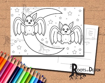 INSTANT DOWNLOAD Coloring Postcard Page - Cute Bats Color your own fun Postcards, doodle art, printable, Coloring Postcards