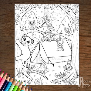INSTANT DOWNLOAD Coloring Page - Summer Camping with Forest Animals, doodle art, printable
