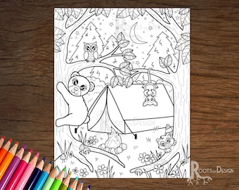 DESCARGA INSTANTE Página para colorear - Camping de verano con animales del bosque, arte de garabatos, imprimible