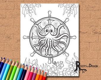 INSTANT DOWNLOAD Coloring Page Octopus Mandala Art Coloring Print, doodle art, printable