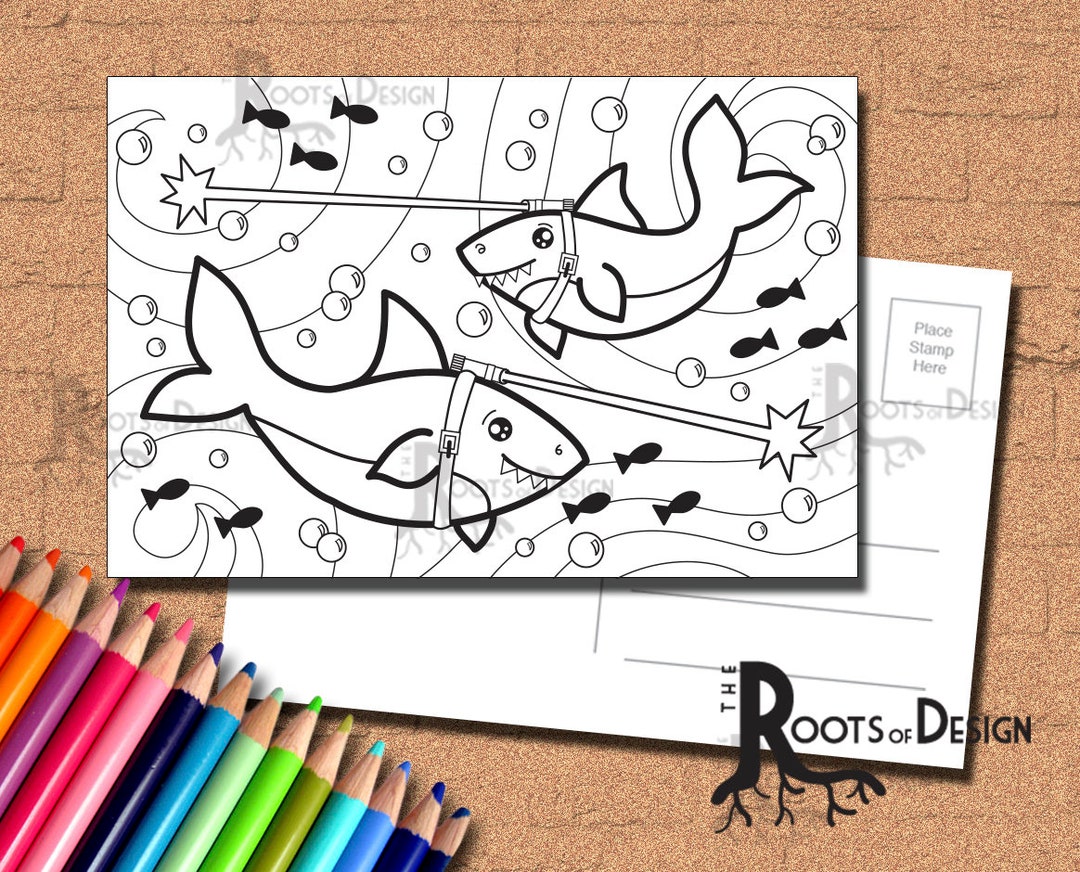 INSTANT DOWNLOAD Coloring Postcard Page Sharks With Lasers Color Your Own Fun Postcards, Doodle