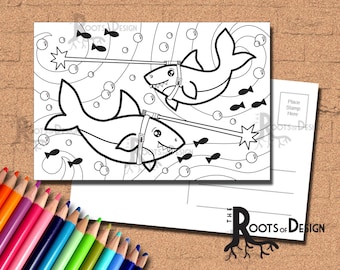 INSTANT DOWNLOAD Coloring Postcard Page - Sharks with Lasers Color your own fun Postcards, doodle art, printable, Coloring Postcards