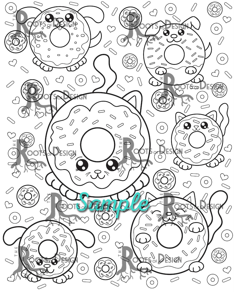 INSTANT DOWNLOAD Coloring Page Dog and Cat Donuts Art Coloring | Etsy