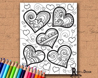 INSTANT DOWNLOAD Coloring Page - Lots of Zendoodle Hearts Coloring Print, doodle art, printable