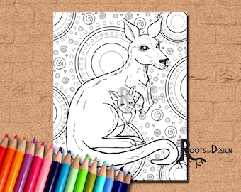 May include: A black and white line drawing of a kangaroo with a joey in its pouch. The kangaroo is surrounded by a pattern of circles and swirls.