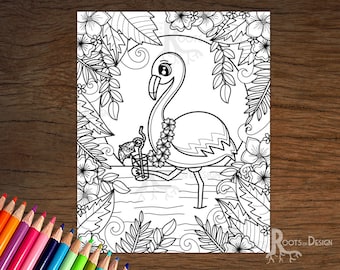 DESCARGA INSTANTE Página para colorear - Flamenco con bebida paraguas, arte del doodle, imprimible