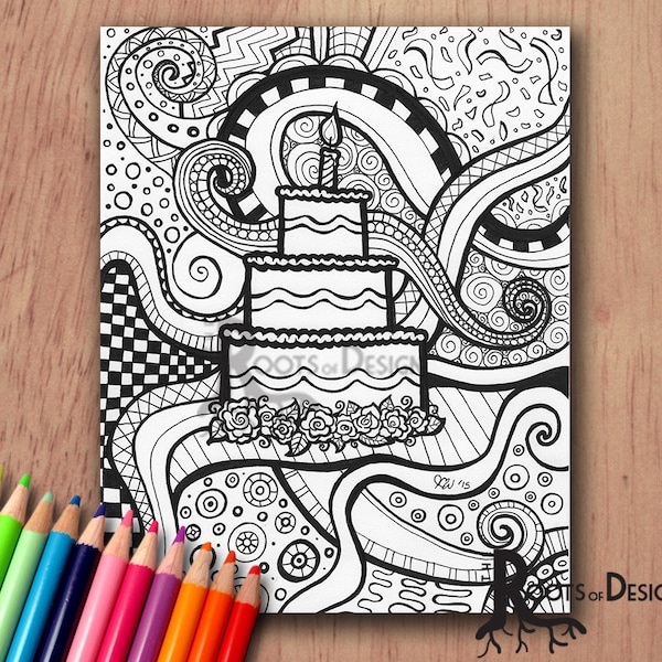 Instant Download- Coloring Page / Art print zentangle inspired Birthday Printable - Doodle Art Print 2