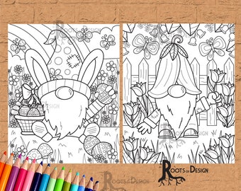 INSTANT DOWNLOAD Coloring Page - Easter Bunny and Flower Gnome Bundle Print, doodle art, printable