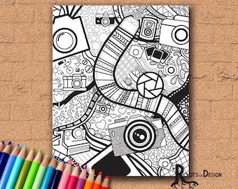 INSTANT DOWNLOAD Coloring Page - Camera Art Print zentangle inspired, doodle art, printable