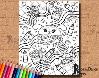 INSTANT DOWNLOAD Coloring Burger Dog Art Coloring Print, doodle art, printable