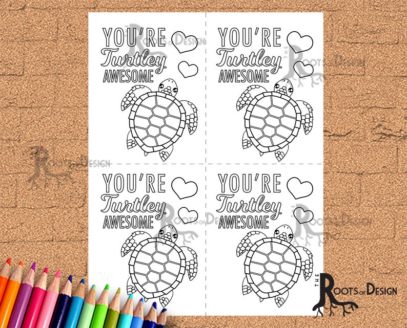 Instant Download Cute Turtle Valentine Card for Coloring, Great for the classroom Color Your Own Printable Card image 1