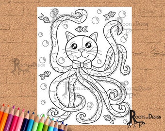 INSTANT DOWNLOAD Coloring Page - Cat-a-pus Coloring-Cat Octopus coloring, doodle art, printable