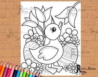 INSTANT DOWNLOAD Coloring Page - Cute Easter Duck doodle art, printable