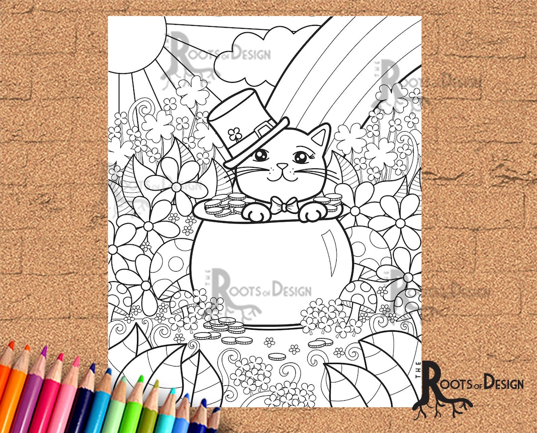 INSTANT DOWNLOAD Coloring Page St Patrick's Day Kitty/ Cat Inspired