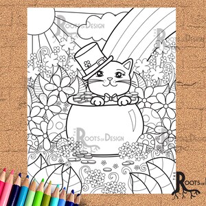 INSTANT DOWNLOAD Coloring Page - St Patrick&#39;s Day Kitty/ Cat inspired, doodle art, printable