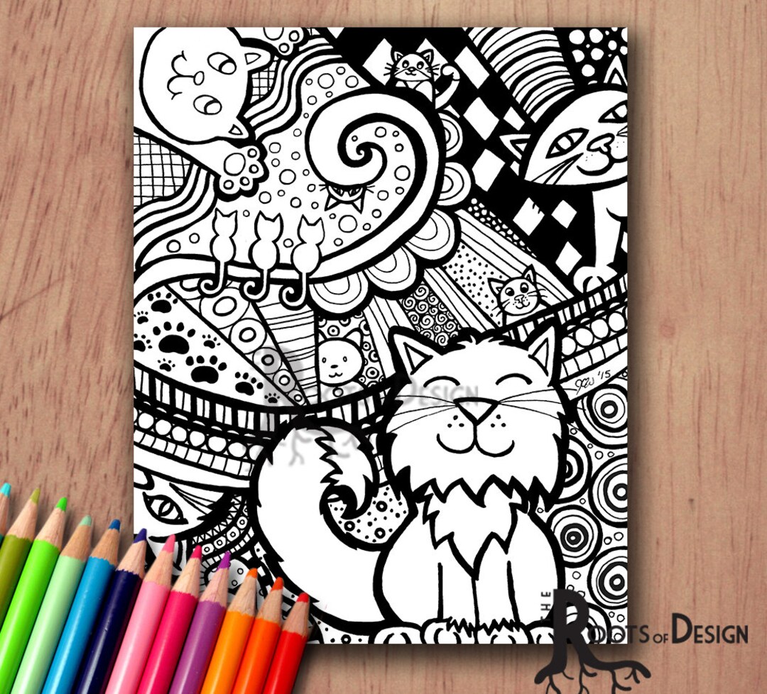 INSTANT DOWNLOAD Coloring Page - Cat Art Print Zentangle
