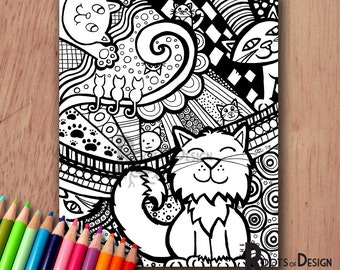 INSTANT DOWNLOAD Coloring Page - Cat Art Print zentangle inspired, doodle art, printable