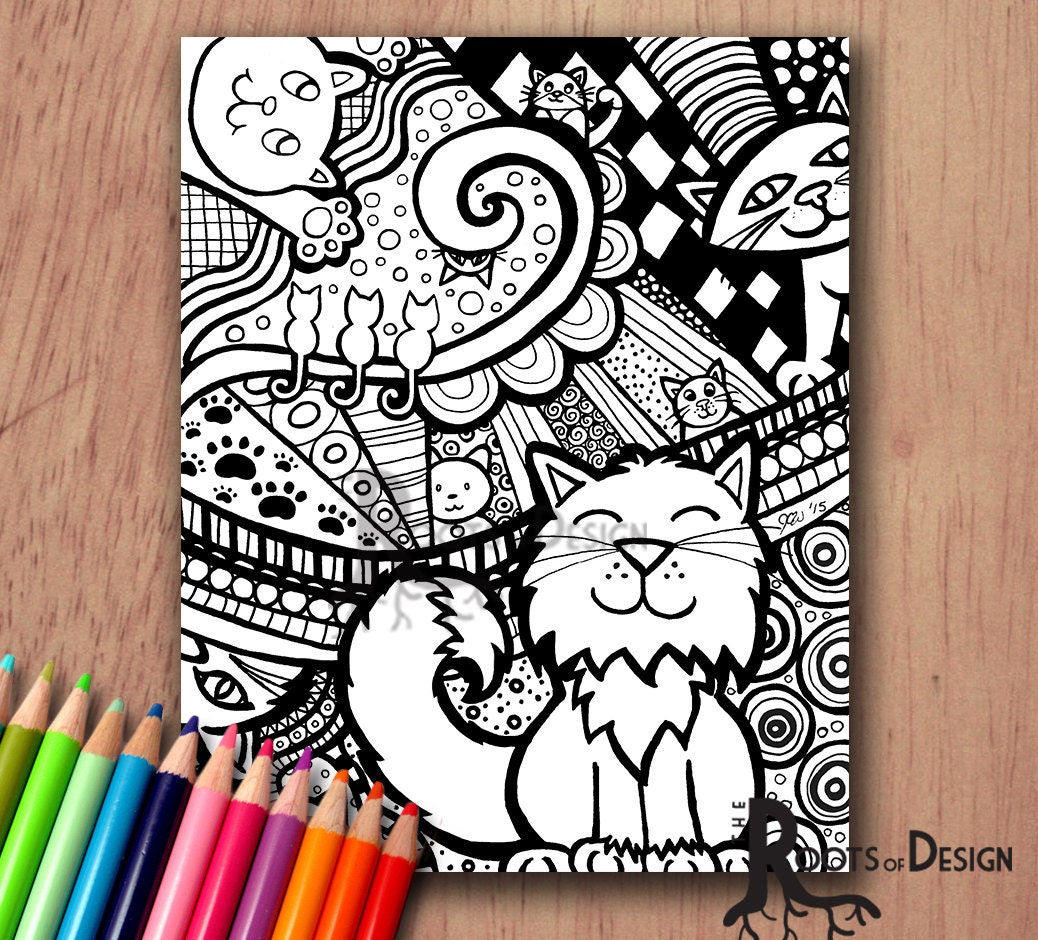 INSTANT DOWNLOAD Coloring Page Cat Art Print Zentangle Etsy