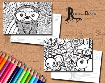 INSTANT DOWNLOAD Coloring Postcard Page - Sloth and Jungle Animals Color your own fun Postcards/ Mini Prints, printable, Coloring Postcards