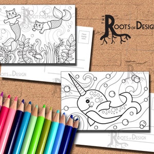 INSTANT DOWNLOAD Coloring Postcard Page - Narwhal and Purr-maids Color your own fun Postcards or mini Prints, printable, Coloring Postcards