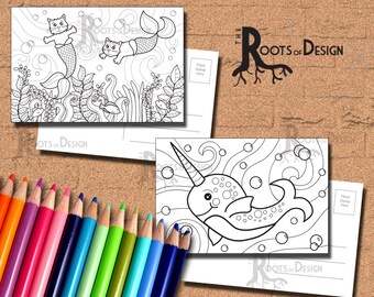INSTANT DOWNLOAD Coloring Postcard Page - Narwhal and Purr-maids Color your own fun Postcards or mini Prints, printable, Coloring Postcards