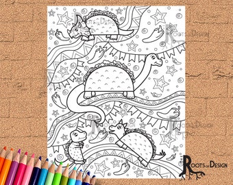 Peut inclure: Page de coloriage en noir et blanc représentant des dinosaures avec des tacos sur le dos, des piments, des étoiles et des bannières décoratives. L'image est de Roots of Design et comprend un ensemble de crayons de couleur.