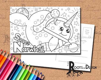 INSTANT DOWNLOAD Coloring Postcard Page - Space Narwhal Color your own fun Postcards, doodle art, printable, Coloring Postcards