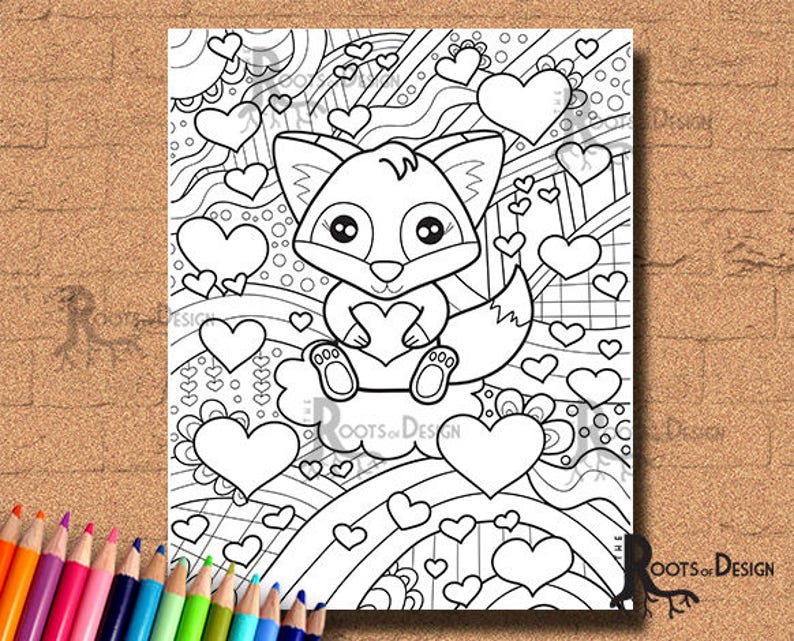 INSTANT DOWNLOAD Coloring Page Fox with Hearts Valentine Art Print, doodle art, printable image 1