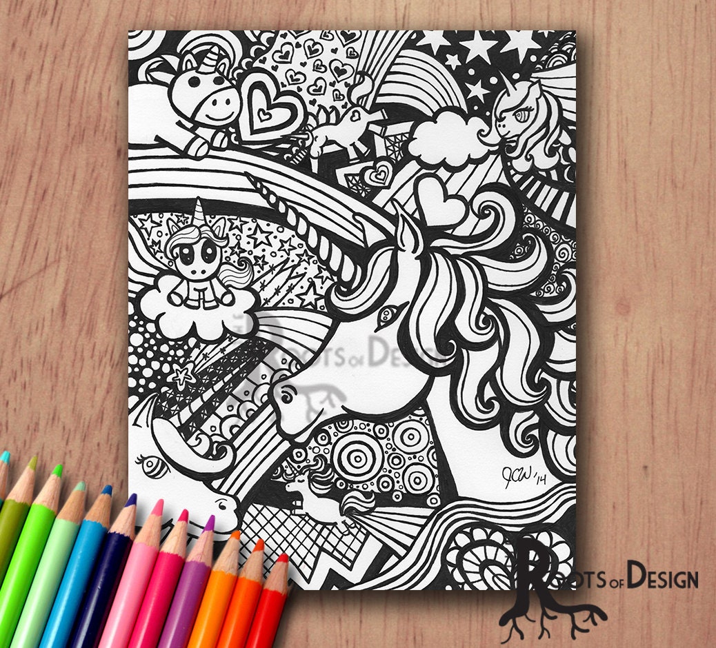 INSTANT DOWNLOAD Coloring Page Unicorn Art Print Zentangle Etsy