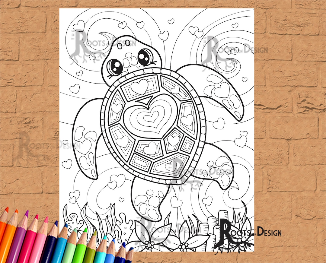 INSTANT DOWNLOAD Coloring Page - Valentine Sea Turtle, Heart Print ...