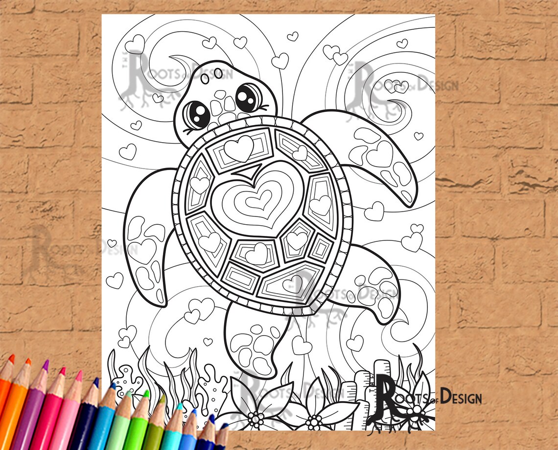 INSTANT DOWNLOAD Coloring Page Valentine Sea turtle heart | Etsy