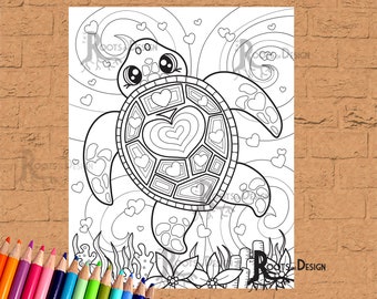 INSTANT DOWNLOAD Coloring Page - Valentine Sea turtle,  heart Print, doodle art, printable