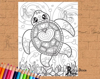 DESCARGA INSTANTE Página para colorear - Tortuga marina de San Valentín, impresión del corazón, arte del garabato, imprimible